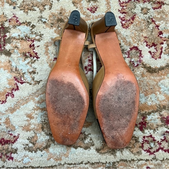 Vintage 80s Delman Tan & Black Strappy Cap Toe Slingback Heels 8.5 AA - Picture 4 of 5
